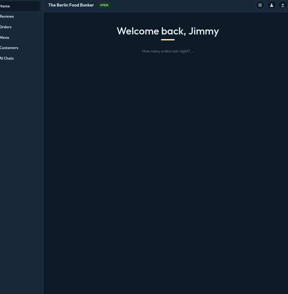The Nodal home screen, with the venue's sections down the side and a box to ask a question.