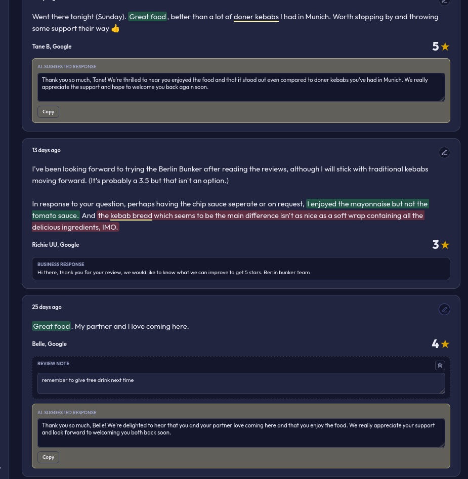 Individual reviews with AI-suggested responses ready to copy.
