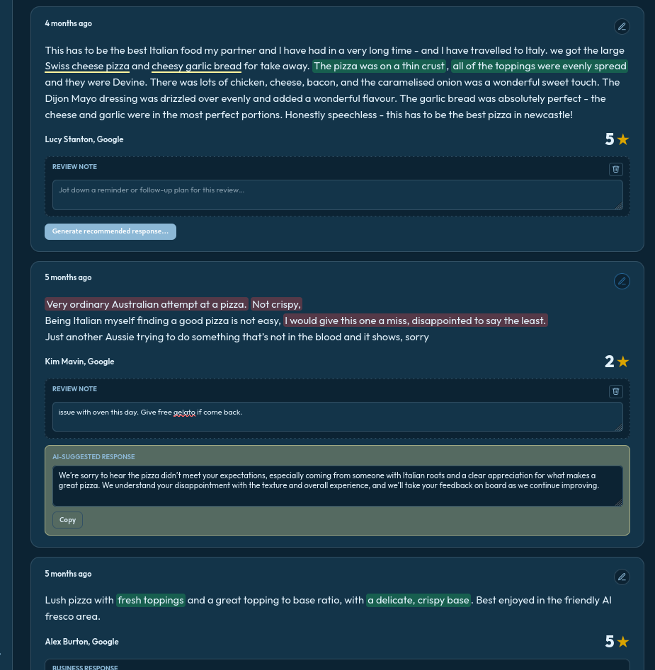 Reviews with private notes attached and a response generated for a two-star complaint.