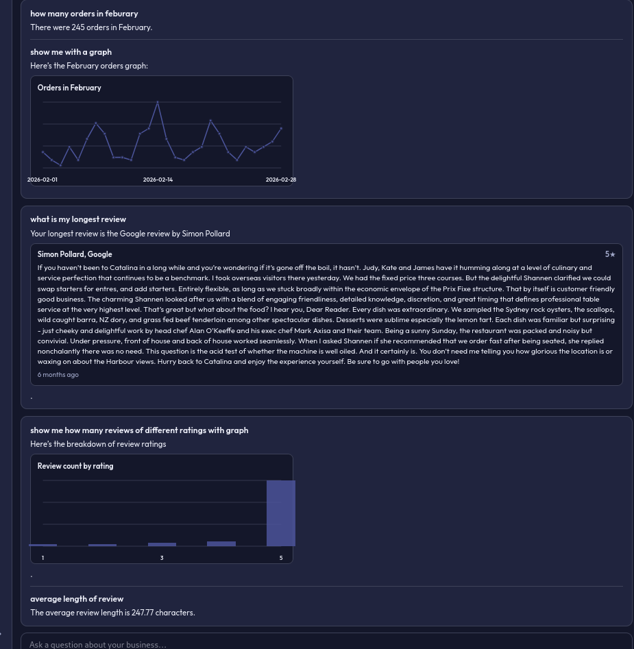 NodalAI answering questions about orders and reviews, with generated graphs.